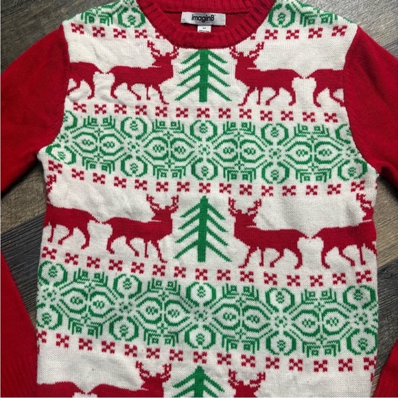 Festive Red and Green ugly sweater Reindeer Sweater Imagin8 S holiday pull over - Picture 2 of 7